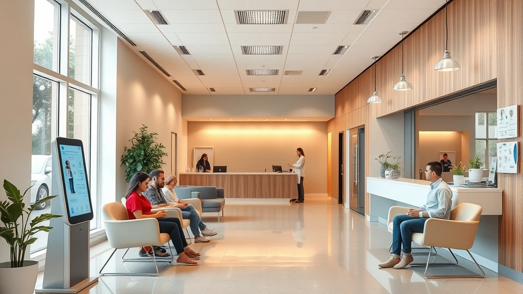 Modern medical clinic reception area with warm lighting, comfortable seating, digital check-in kiosk, diverse patients waiting peacefully, contemporary healthcare facility design, welcoming atmosphere, natural light from large windows, clean minimalist interior