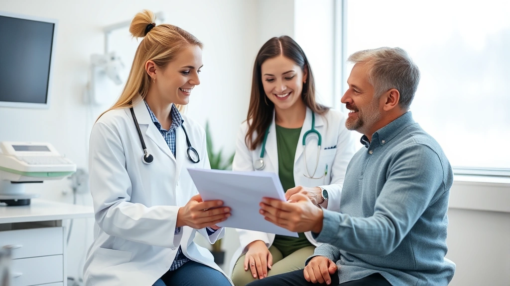 Female physician in white coat consulting with male patient in modern examination room, reviewing medical chart together, caring professional interaction, bright clinical space with medical equipment visible, healthcare provider and patient discussion, trust-based medical relationship