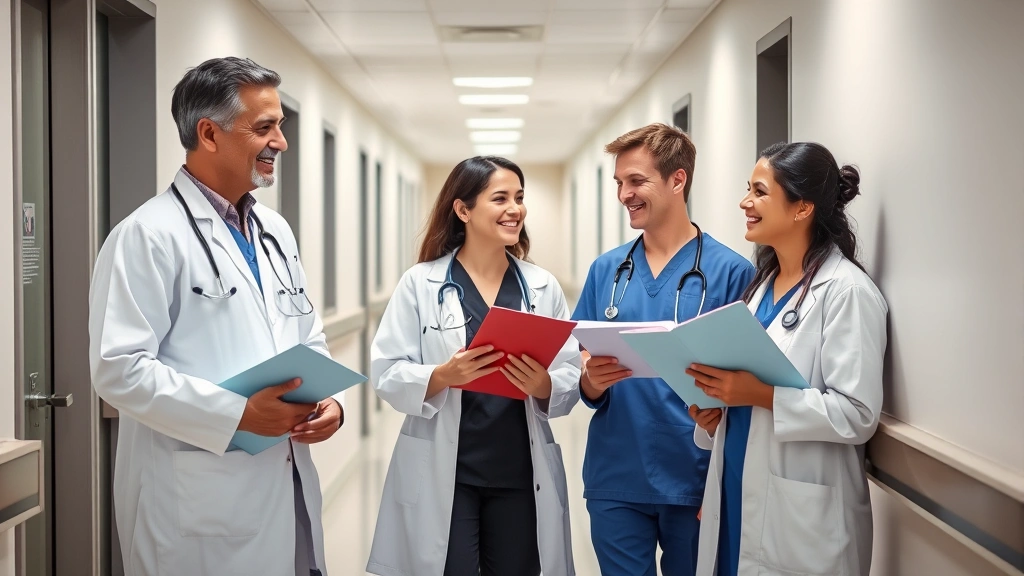 Diverse healthcare team in clinic hallway—doctor, nurse, physician assistant collaborating—holding patient files, smiling, professional attire, modern hospital corridor, integrated care model, teamwork in medicine, contemporary healthcare setting with soft lighting