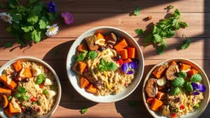 Overhead flat lay of vibrant health bowls with quinoa, roasted vegetables, tahini drizzle, edible flowers, and fresh herbs on natural wooden surface with soft morning sunlight casting shadows