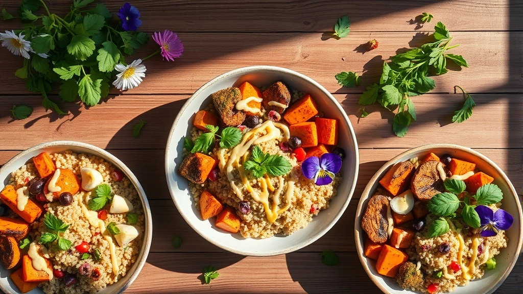 Overhead flat lay of vibrant health bowls with quinoa, roasted vegetables, tahini drizzle, edible flowers, and fresh herbs on natural wooden surface with soft morning sunlight casting shadows