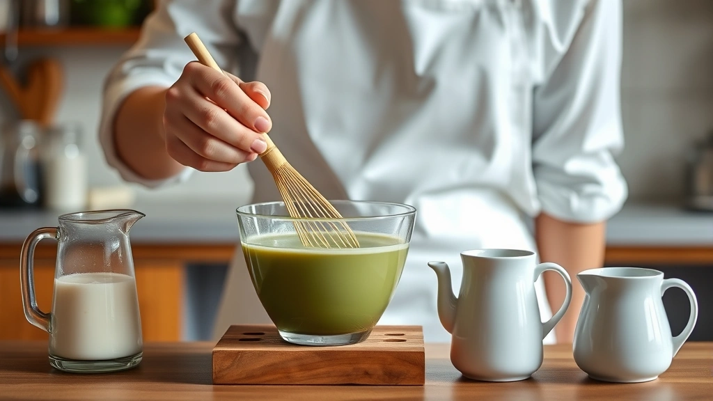 Barista in white apron whisking ceremonial matcha in glass bowl with bamboo whisk, steamed milk pitcher nearby, minimalist cafe counter background with natural light