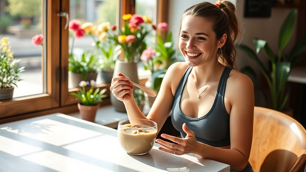 Woman in workout attire enjoying protein smoothie bowl at bright cafe window table, smiling while holding wooden spoon, fresh flowers and plants visible in background, healthy lifestyle aesthetic