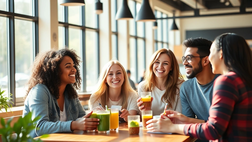 Young diverse college students laughing together in a bright campus coffee shop, holding healthy smoothie bowls and notebooks, natural sunlight streaming through windows, warm and inclusive atmosphere