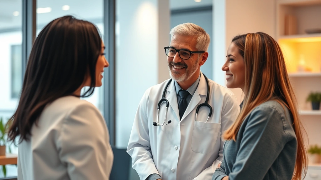 Professional healthcare specialist in modern clinic consulting with patient, warm lighting, stethoscope visible, contemporary medical office setting, diverse individuals engaged in meaningful conversation