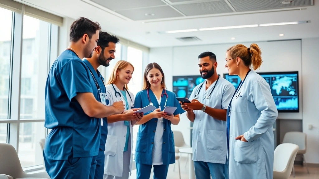 Diverse medical professionals collaborating in hospital conference room, reviewing data on digital displays, wearing scrubs and professional attire, modern healthcare facility with natural lighting
