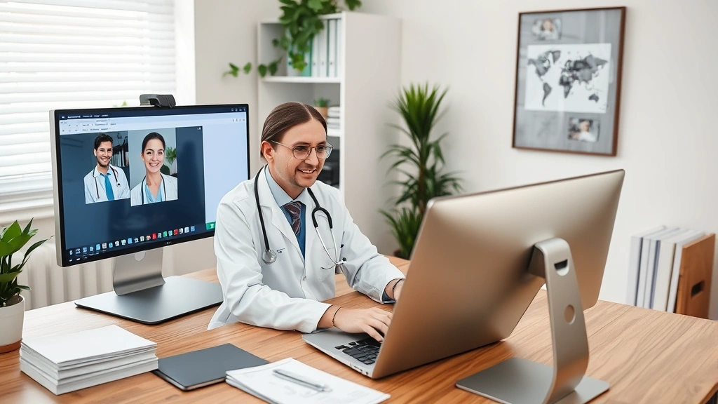 Successful healthcare practitioner working remotely on telehealth call, professional home office setup, computer screen showing patient consultation interface, organized medical reference materials nearby