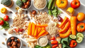Overhead flat lay of colorful fresh vegetables, fruits, nuts, and whole grains arranged beautifully on white marble countertop with natural morning sunlight, representing balanced nutrition and healthy whole foods