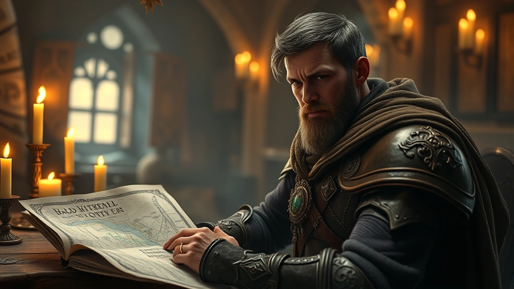 Fantasy adventurer wearing ornate amulet glowing with magical light, sitting in tavern studying battle maps, warm candlelight reflecting off armor, medieval fantasy aesthetic, photorealistic