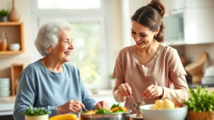Elderly woman smiling while caregiver assists her in bright, sunlit home kitchen preparing healthy meal together, warm lighting emphasizing comfort and care