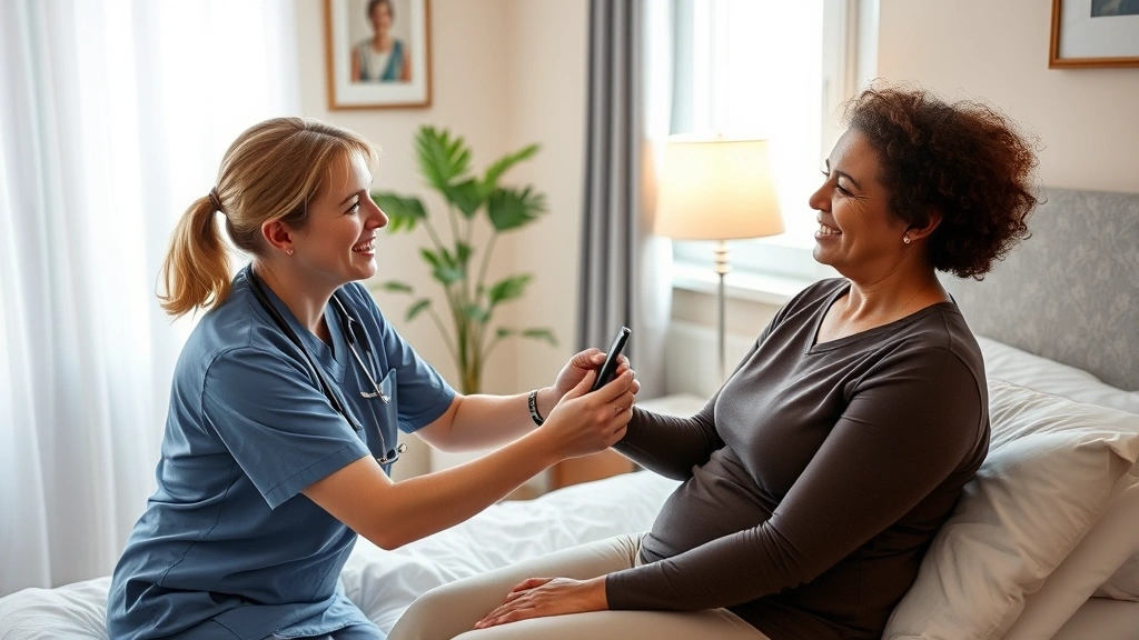 Professional nurse checking vital signs of patient in comfortable home bedroom, both smiling, showing trust and personalized medical attention in residential setting