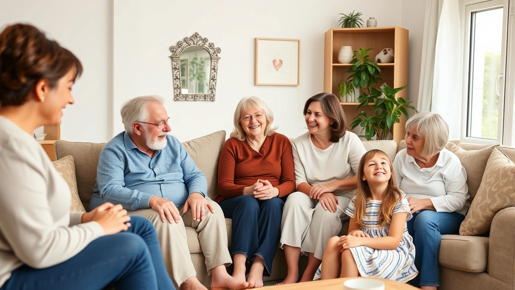 Multigenerational family gathered in living room with home health caregiver present, grandparents, adult children and grandchildren laughing together naturally