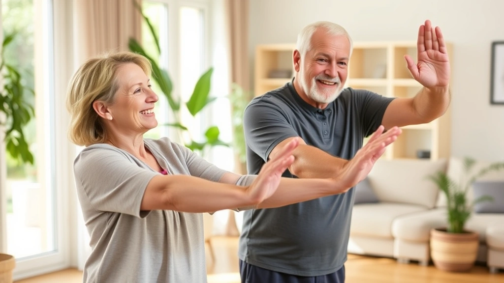 Caregiver and senior man doing gentle stretching exercises together in spacious home, both smiling, plants in background, warm natural lighting, comfortable clothing