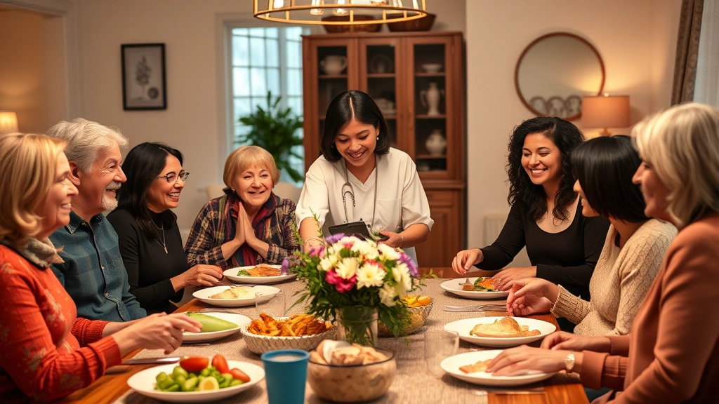 Diverse family gathered around dinner table with professional caregiver serving food, everyone smiling, warm home setting with soft lighting, fresh flowers as centerpiece