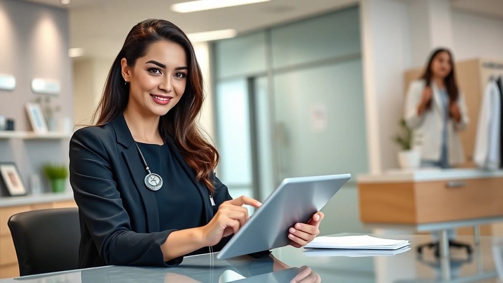 Professional woman using tablet at healthcare clinic desk, modern medical office background, bright natural lighting, confident expression, healthcare technology interface visible on screen