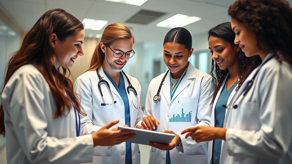 Diverse healthcare team reviewing digital health records on tablet together, modern medical facility, collaborative atmosphere, charts and wellness data visible on screen, professional setting