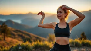 Woman in athletic wear stretching outdoors at sunrise with mountains in background, peaceful morning wellness routine, natural lighting, calm expression