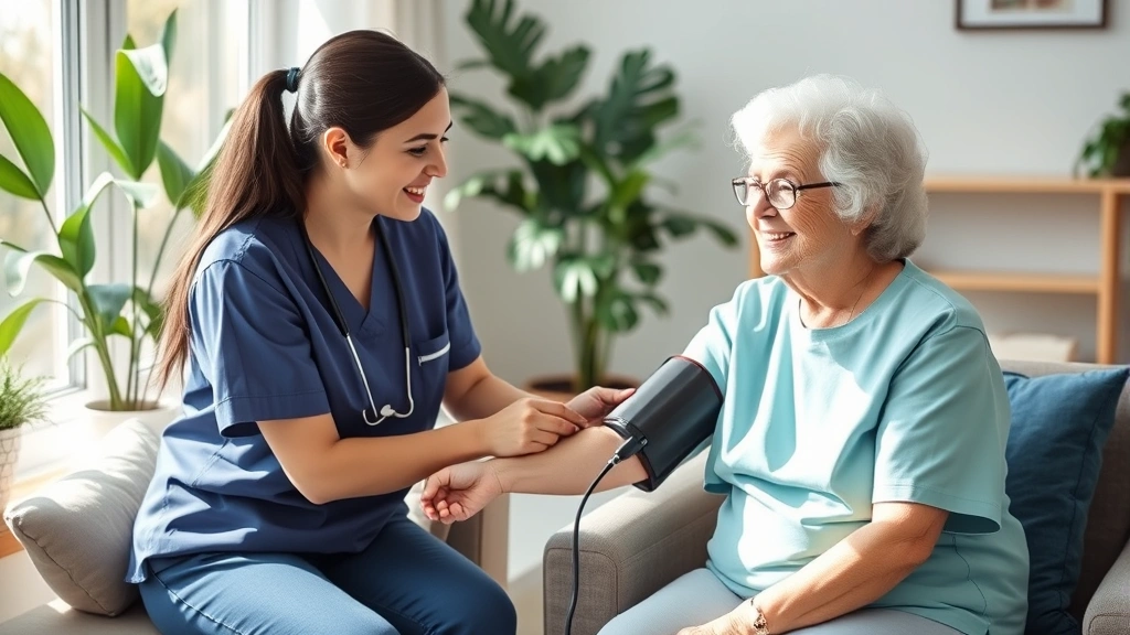 Smiling registered nurse in scrubs conducting blood pressure check on elderly female patient seated comfortably in bright living room with plants and natural sunlight streaming through windows