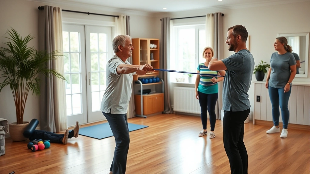 Physical therapist guiding middle-aged man through gentle exercises using resistance band in spacious home gym area with hardwood floors and encouraging family members watching nearby