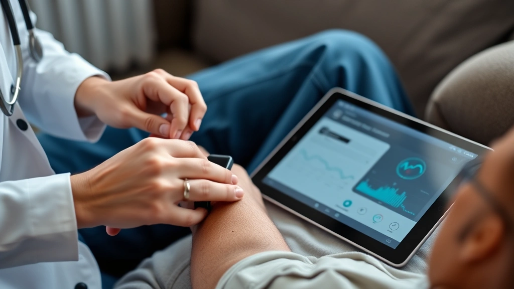 Close-up of healthcare provider's hands adjusting digital health monitoring device on wrist of patient relaxing on home couch with tablet displaying wellness dashboard and vital signs