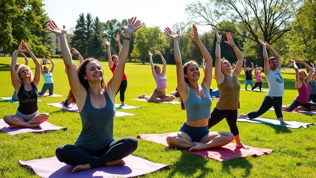 Diverse group of people doing outdoor yoga in a sunny Indiana park, smiling and stretching peacefully, vibrant green grass, natural lighting, wellness community gathering