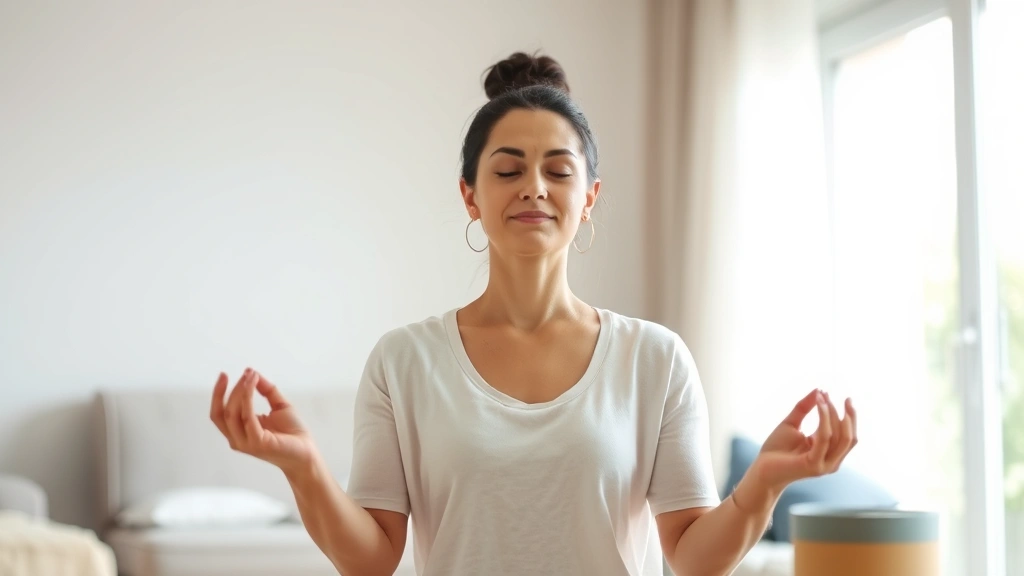 Woman meditating peacefully indoors with soft natural light, serene expression, comfortable home setting, mindfulness practice, mental wellness focus, calming atmosphere