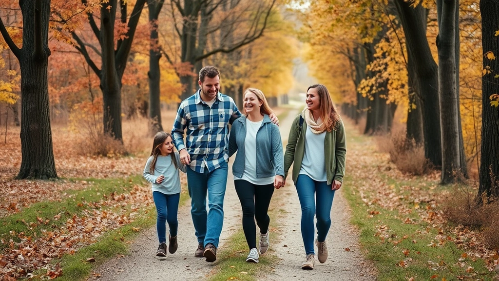 Active family walking together on a tree-lined trail in Indiana nature, laughing and enjoying movement, autumn scenery, community wellness, outdoor health activity
