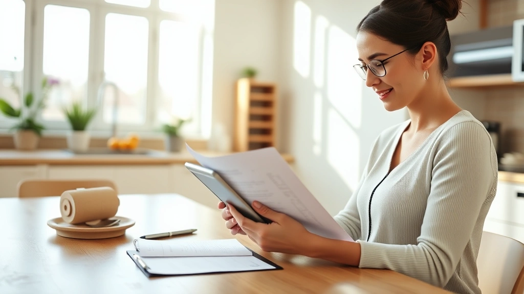 Young professional woman reviewing health insurance documents on tablet at modern kitchen table, natural sunlight streaming through windows, warm contemporary home setting