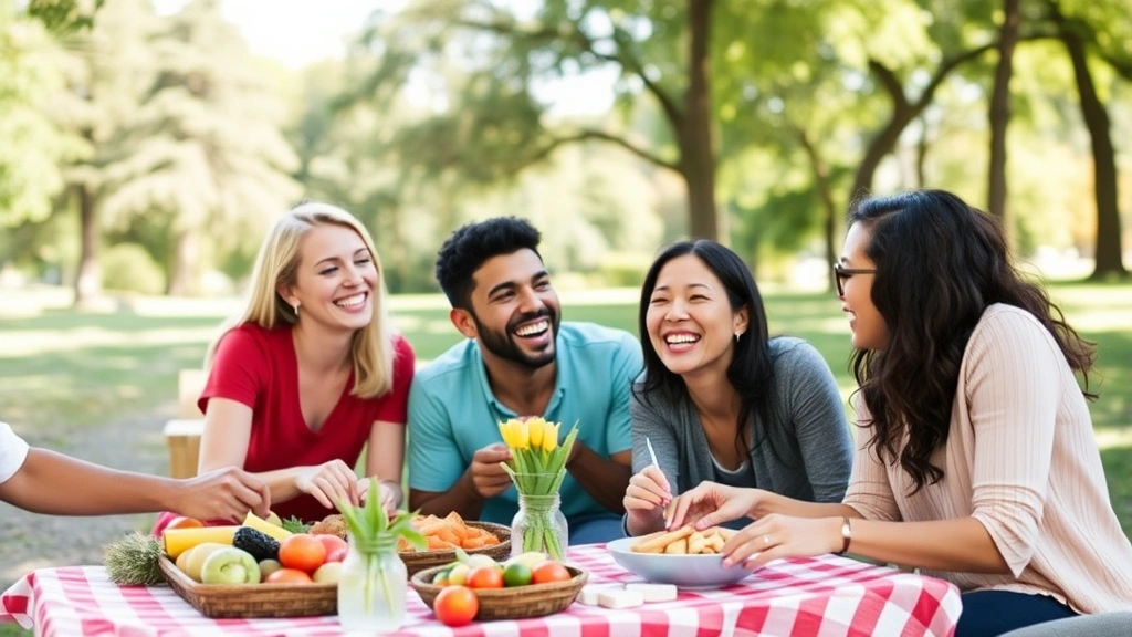 Diverse family of four laughing together during outdoor picnic in park, healthy lifestyle scene with fresh food and wellness focus, bright sunny day