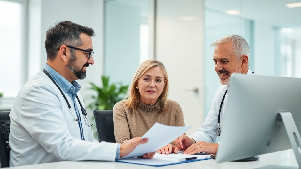 Mid-age couple meeting with healthcare provider in modern clinic office, reviewing medical records on computer, professional medical environment with trust and communication