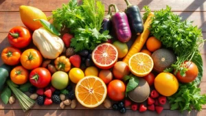 Vibrant wooden table with fresh colorful vegetables, citrus fruits, berries, nuts, and herbs in natural sunlight, healthy assorted foods promoting immunity