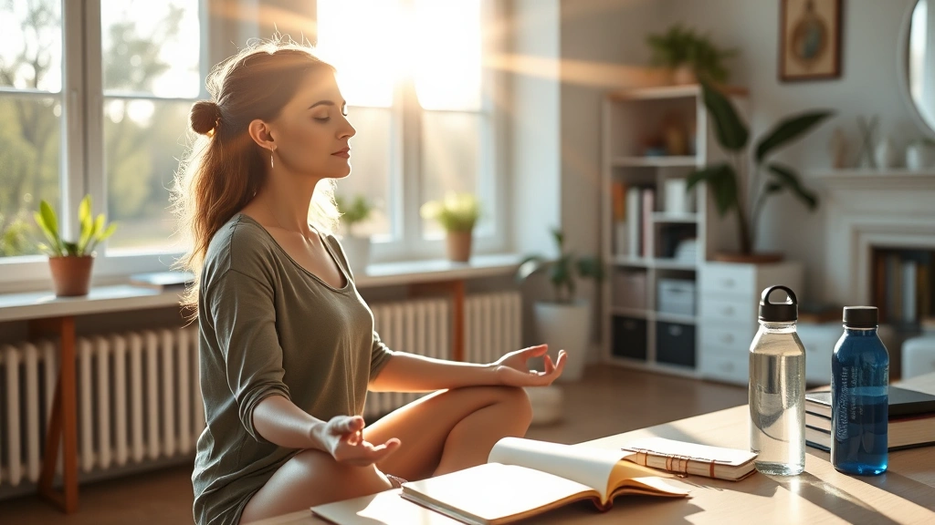 Woman in bright home office practicing meditation with morning sunlight streaming through windows, serene expression, wellness journal and water bottle nearby, lifestyle photography
