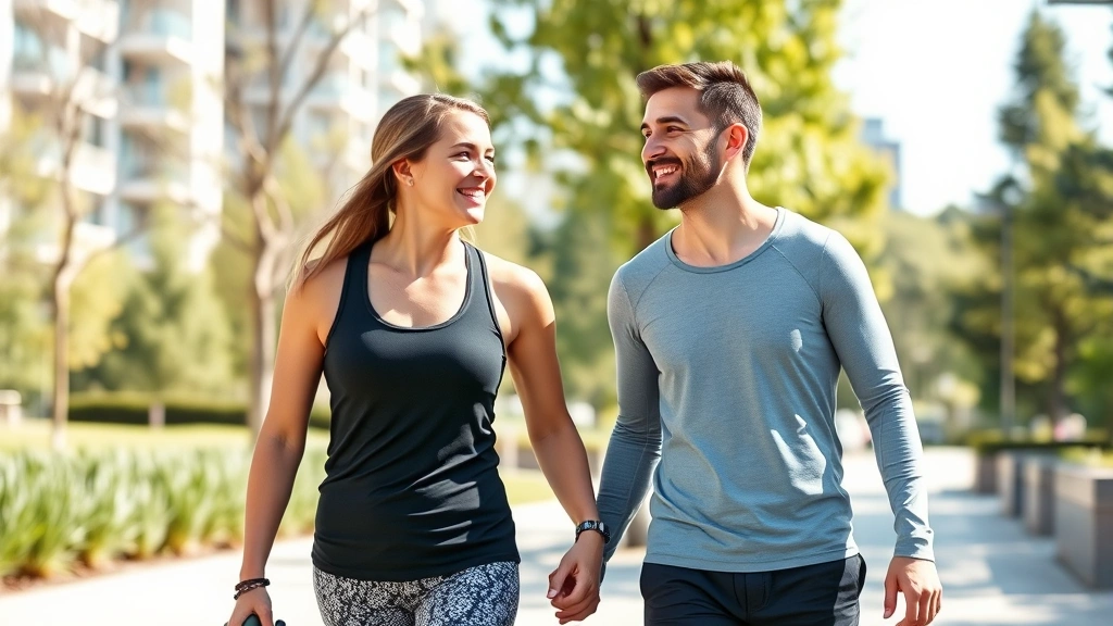 Man and woman walking together in modern park wearing fitness attire, smiling naturally, urban wellness scene, sunny day with green spaces, active healthy lifestyle