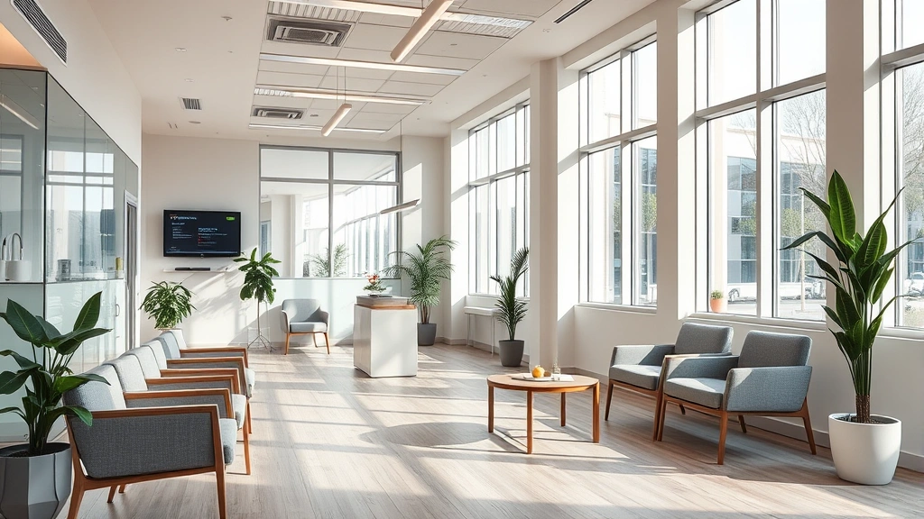Modern medical clinic waiting room with comfortable seating, natural light, and welcoming contemporary design, peaceful atmosphere showing healthcare facility interior