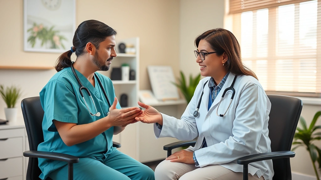 Healthcare provider consulting with patient during routine check-up, professional medical setting with doctor explaining health information, warm clinical environment