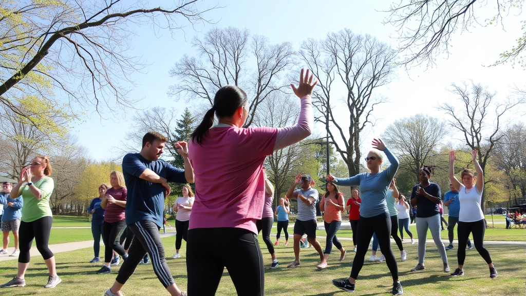 Community wellness event in Concord park with people participating in outdoor fitness activities, diverse group exercising together, healthy lifestyle gathering scene