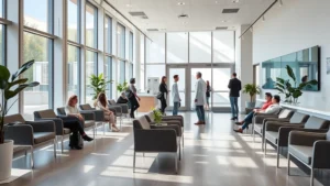 Modern healthcare facility waiting room with welcoming natural light, comfortable seating, peaceful atmosphere, diverse patients checking in with friendly staff, contemporary medical office design