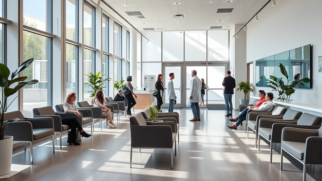 Modern healthcare facility waiting room with welcoming natural light, comfortable seating, peaceful atmosphere, diverse patients checking in with friendly staff, contemporary medical office design