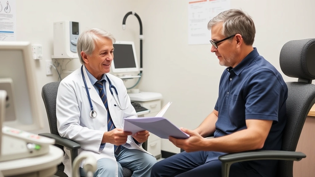 Primary care physician having compassionate consultation with patient in clinical office, reviewing medical charts together, warm professional interaction, modern medical equipment visible, patient actively engaged in discussion