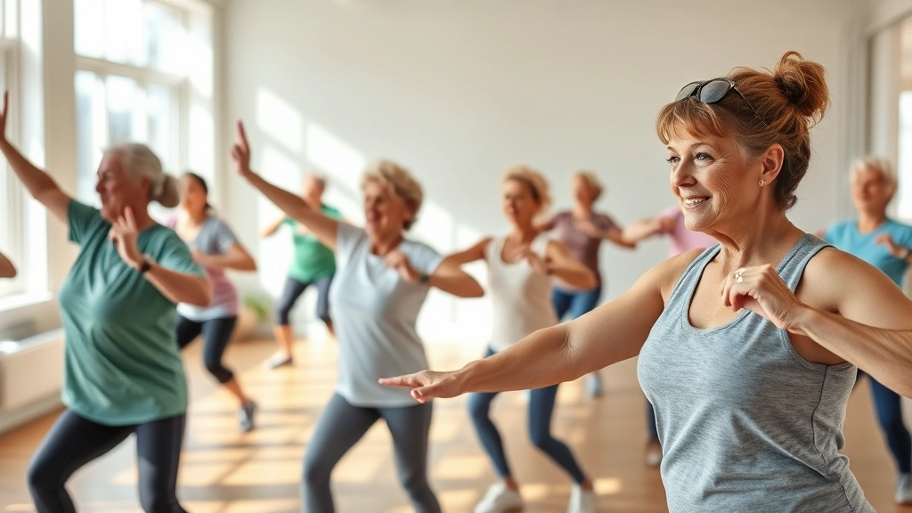 Wellness program participants exercising in bright fitness studio, diverse age groups doing guided movements, energetic and supportive atmosphere, natural lighting, motivational environment promoting healthy lifestyle