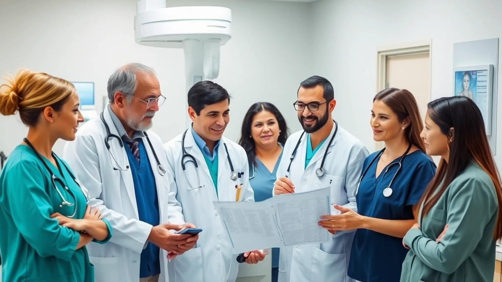 Diverse healthcare team in clinical setting: physicians and nurses consulting around patient chart. Collaborative medical professionals in modern examination room with advanced diagnostic equipment visible in background.