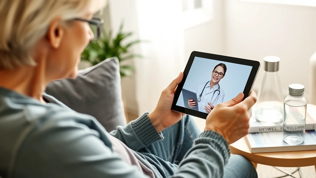 Patient having virtual telehealth appointment from home on tablet with healthcare provider visible on screen. Comfortable home environment showing wellness integration, wellness books, water bottle on side table, natural lighting.