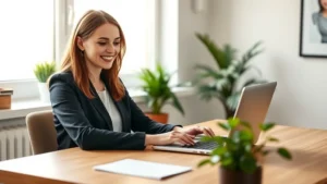 Professional woman sitting at home office desk with laptop, smiling while accessing secure health portal, modern minimalist workspace with plant, warm natural lighting, confident and focused expression