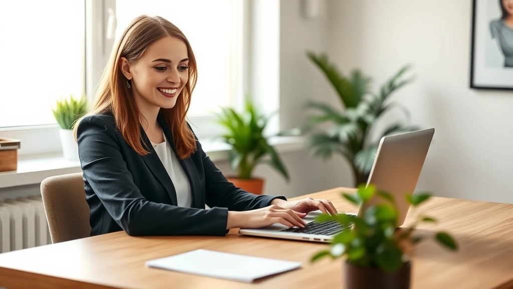 Professional woman sitting at home office desk with laptop, smiling while accessing secure health portal, modern minimalist workspace with plant, warm natural lighting, confident and focused expression