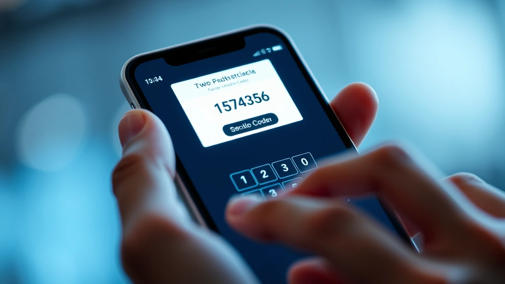 Close-up of smartphone showing two-factor authentication code entry screen, hands entering verification code, modern device interface, soft blue light, security concept visualization
