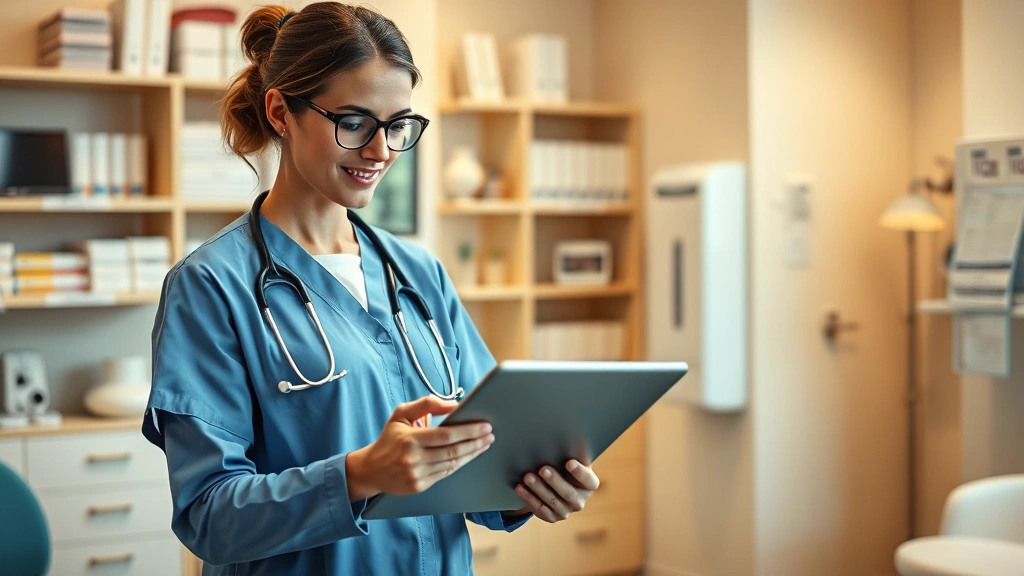 Healthcare professional in clinic setting reviewing patient information on tablet device, organized medical office background, professional attire, focused on digital health records, warm professional lighting