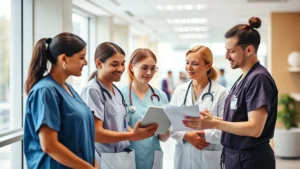 Healthcare professionals in modern clinic wearing scrubs reviewing patient charts on tablet, natural lighting, collaborative team atmosphere, diverse staff