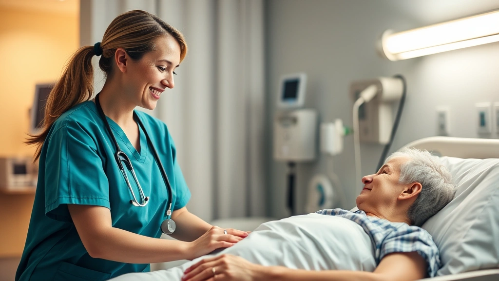 Nurse smiling at patient bedside during care, warm hospital room lighting, compassionate interaction, professional medical environment