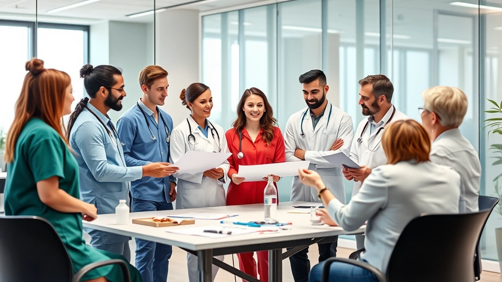 Group of healthcare workers in meeting room discussing treatment plans, modern office setup, diverse team collaboration, professional development setting