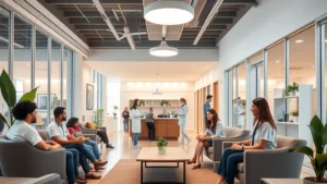 Modern healthcare facility interior with comfortable waiting area, warm lighting, diverse patients and staff interacting warmly, contemporary medical office design with plants and natural elements